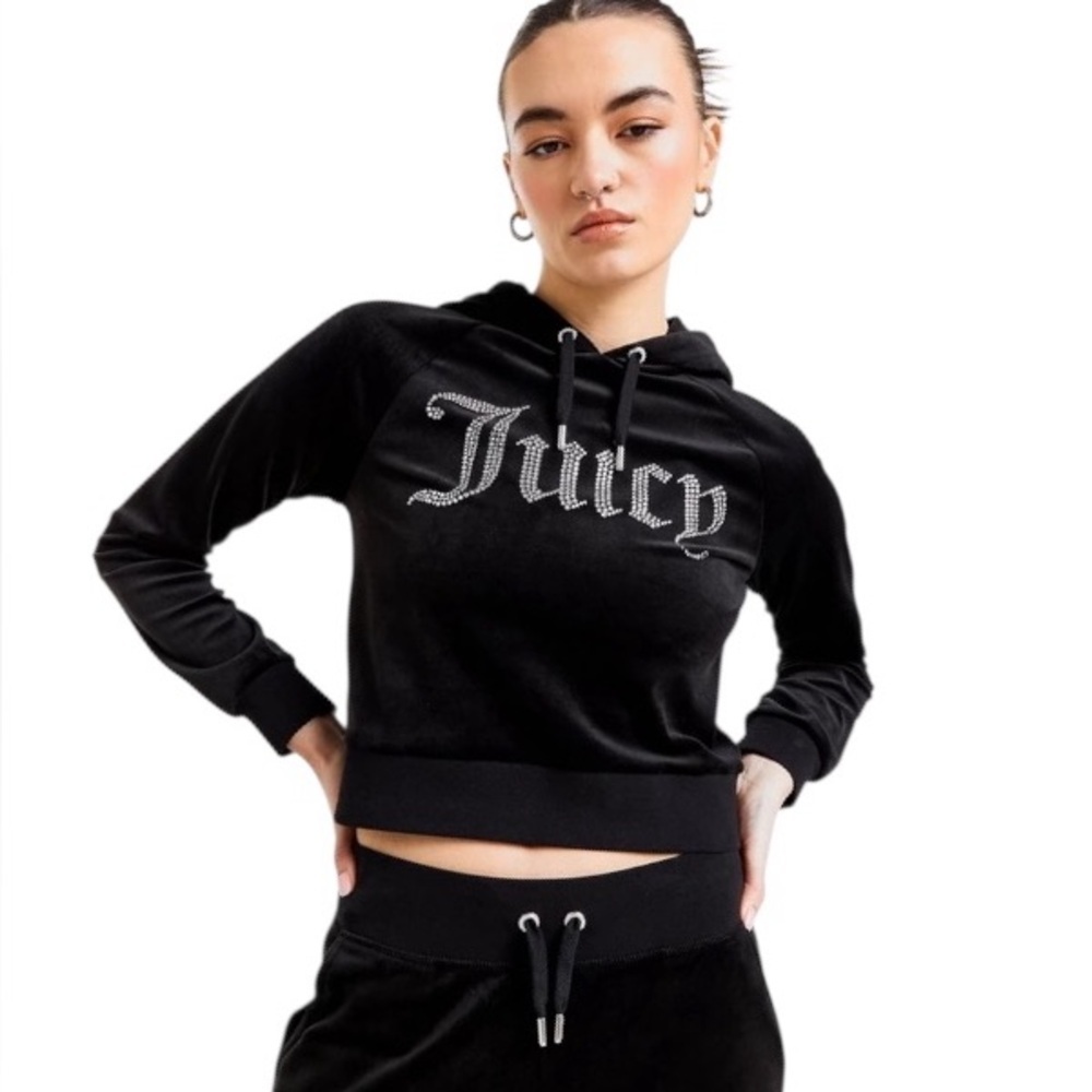 Juicy Couture Big Bling Front Black Velour Cropped Hoodie Size Large
